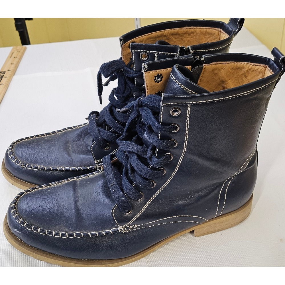 Faranzi Mens Navy Blue Leather Moc Toe Lace Up Side Zip Ankle Boots FB4520-40 11 - Picture 13 of 14